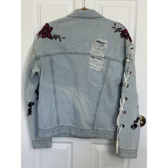 36Point5 Women’s Customized Denim Jacket Medium Roses Skull Lace Up Distressed - Picture 2 of 11